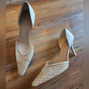 Nina D'orsay Nude Kitten Heels with Woven Pattern and Rhinestones Size 8.5